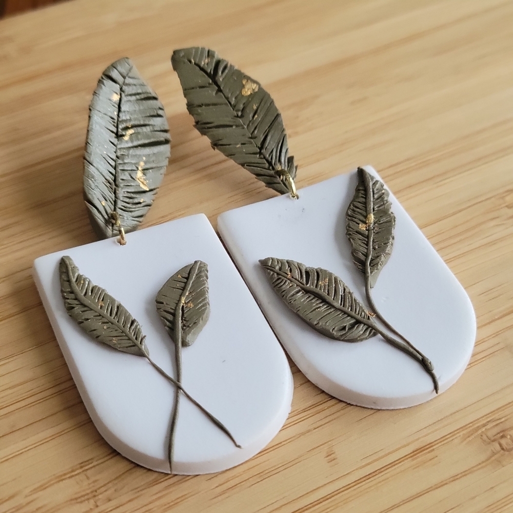 Handmade Olive Green & White Polymer Clay Leaf Dangle Earrings